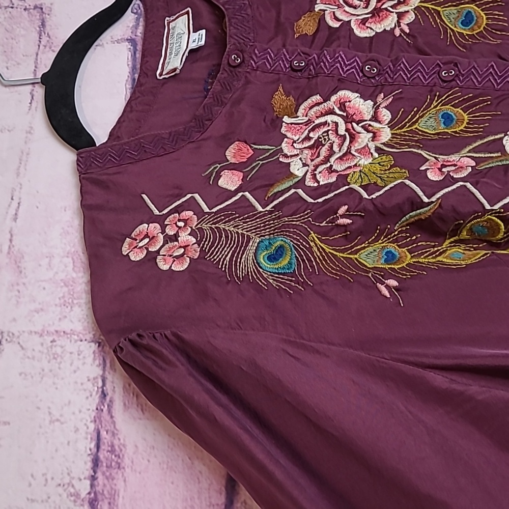 JOHNNY WAS WORKSHOP 100% SILK PEACOCK FLORAL EMBROIDERED TUNIC POPOVER BLOUSE XL - Picture 5 of 15